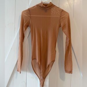 Forever 21 Sheer Mesh Turtleneck Bodysuit - Nude / Tan
